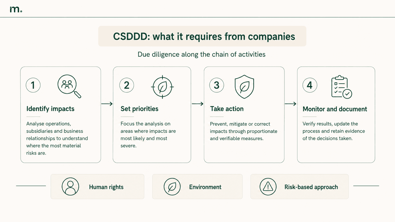 Infographic showing the four-step CSDDD process: identifying impacts, setting priorities, taking action, and monitoring results.