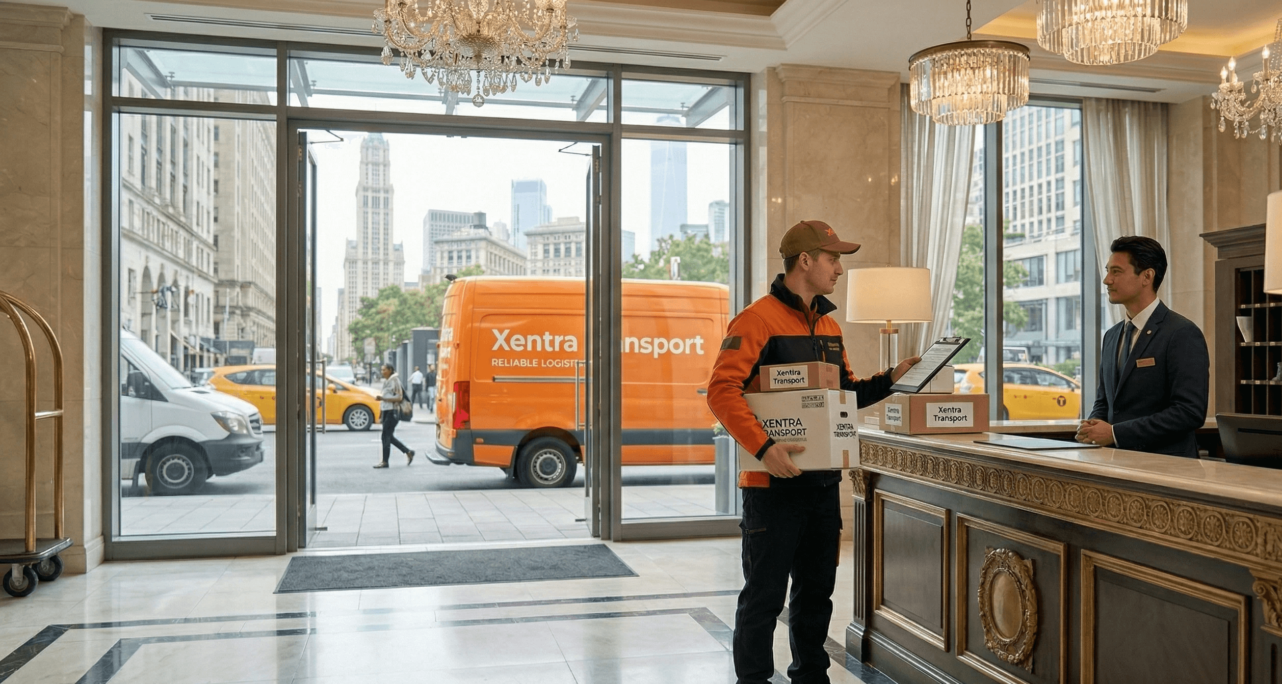 xentra transport courier delivering to nyc hotel lobby
