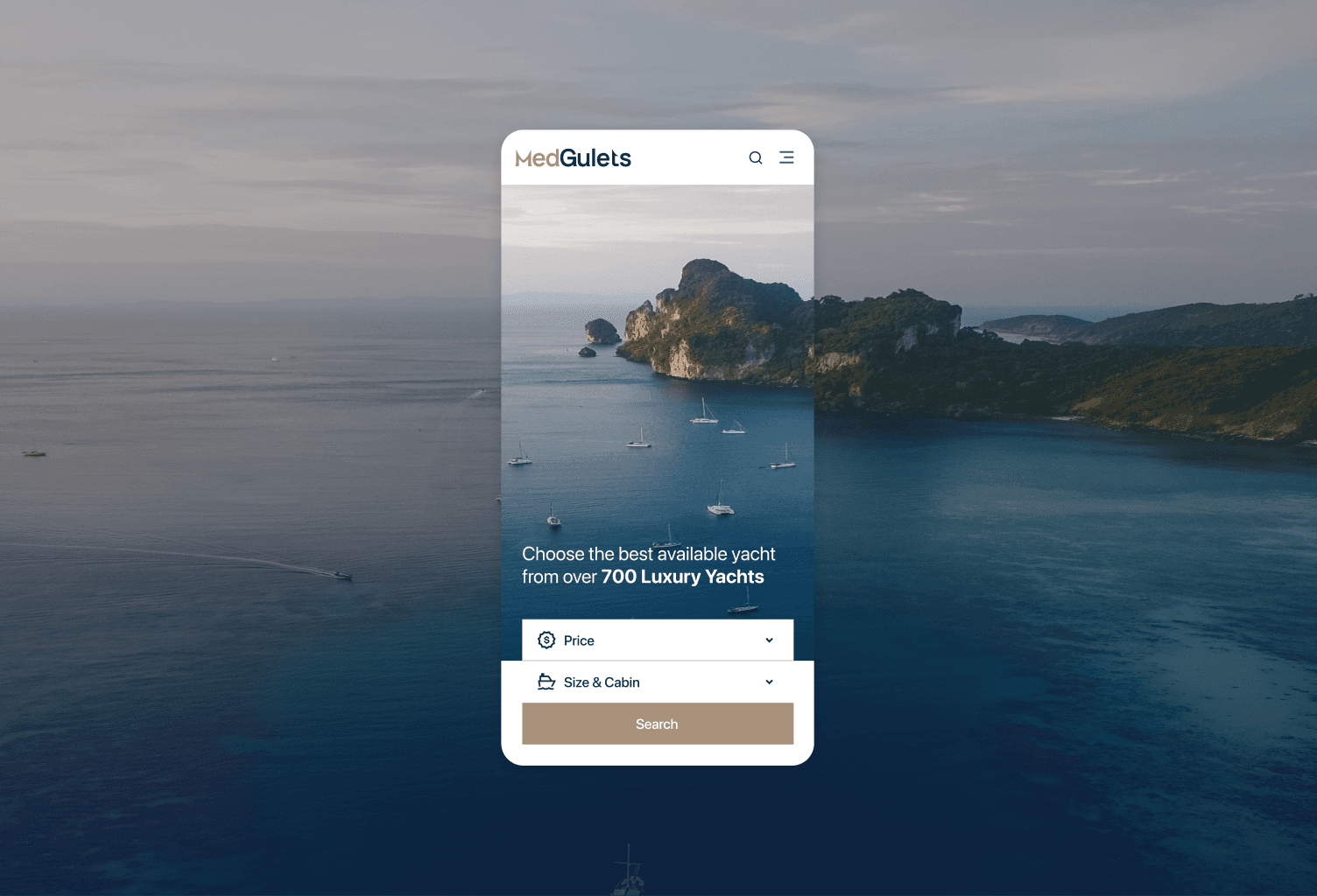 Mobile homepage of MedGulets showing a search panel over a scenic coastal landscape with yachts anchored near green islands.