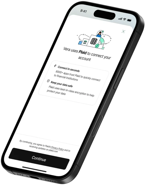 Vera app screen: Vera uses Plaid to connect your account securely