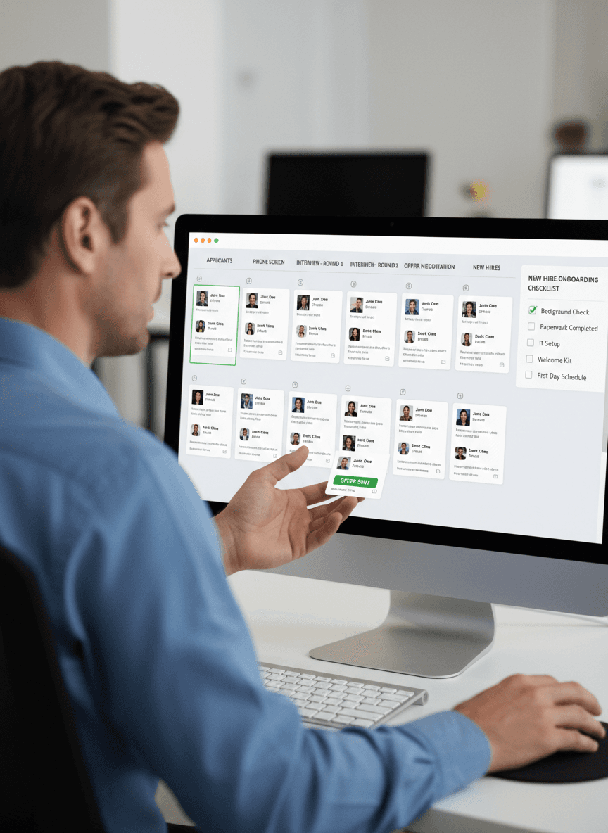“Recruitment and onboarding software interface showing candidate pipeline, interview stages, and new hire checklist.”