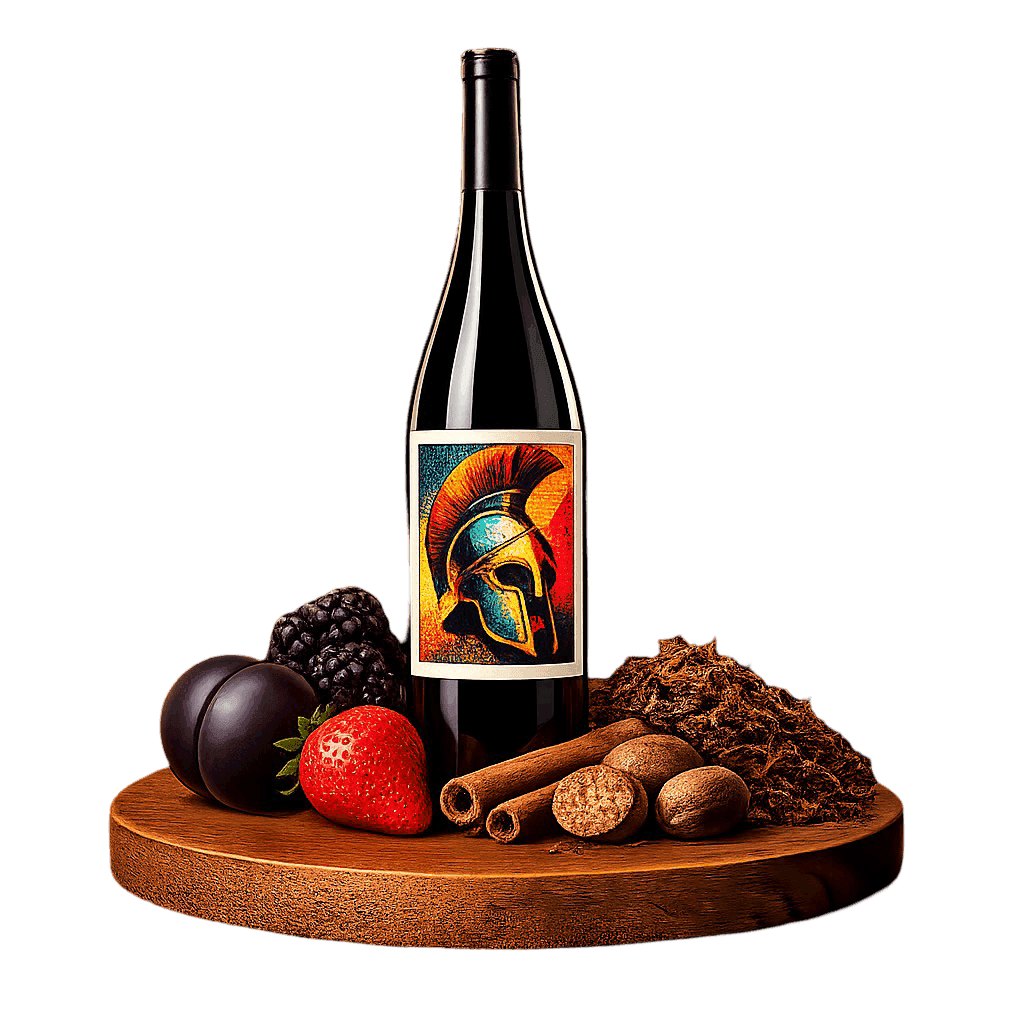 Artistic label and flavor profile for Greek Agiorgitiko on a rustic wooden table.