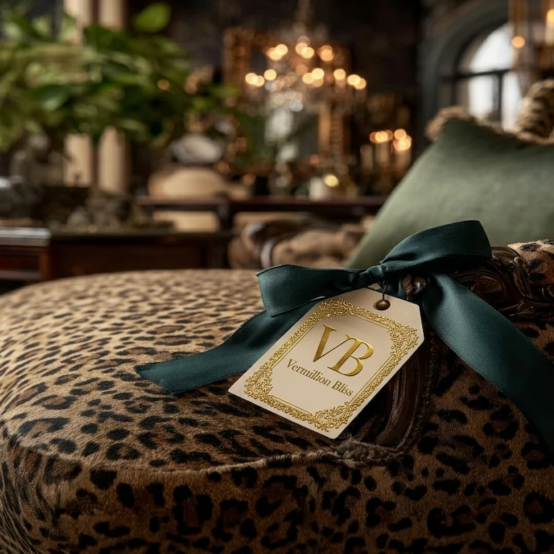 Leopard print chair with cream tag resting on it