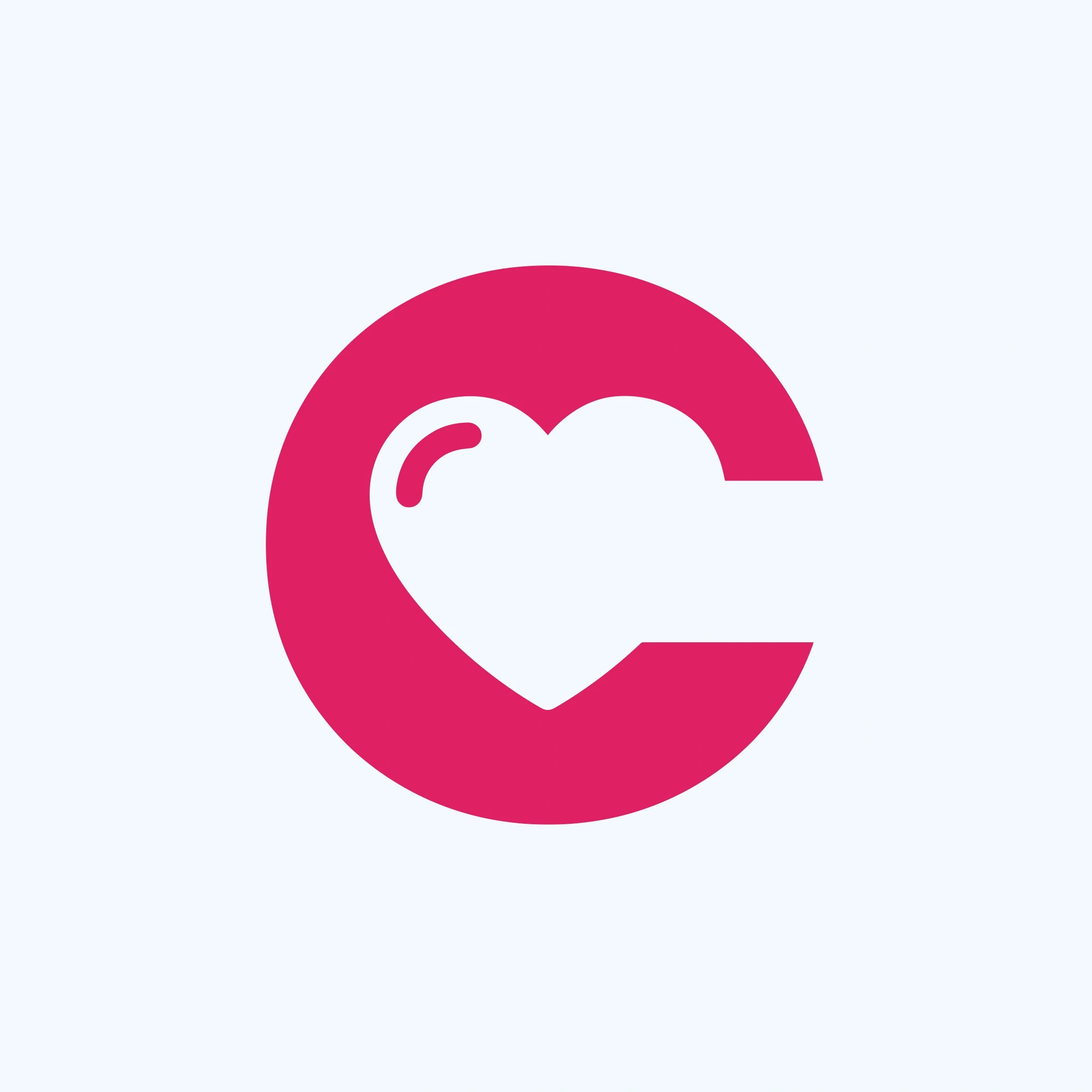 A minimalistic logo with a light background and a bold pink letter "C" in the center. The "C" has a heart shape integrated into its design, with a small reflection on the heart, giving it a soft, glossy appearance. The design is clean and modern, likely representing health, wellness, or care-related branding. The vibrant pink color contrasts well against the light background, making the logo visually striking.