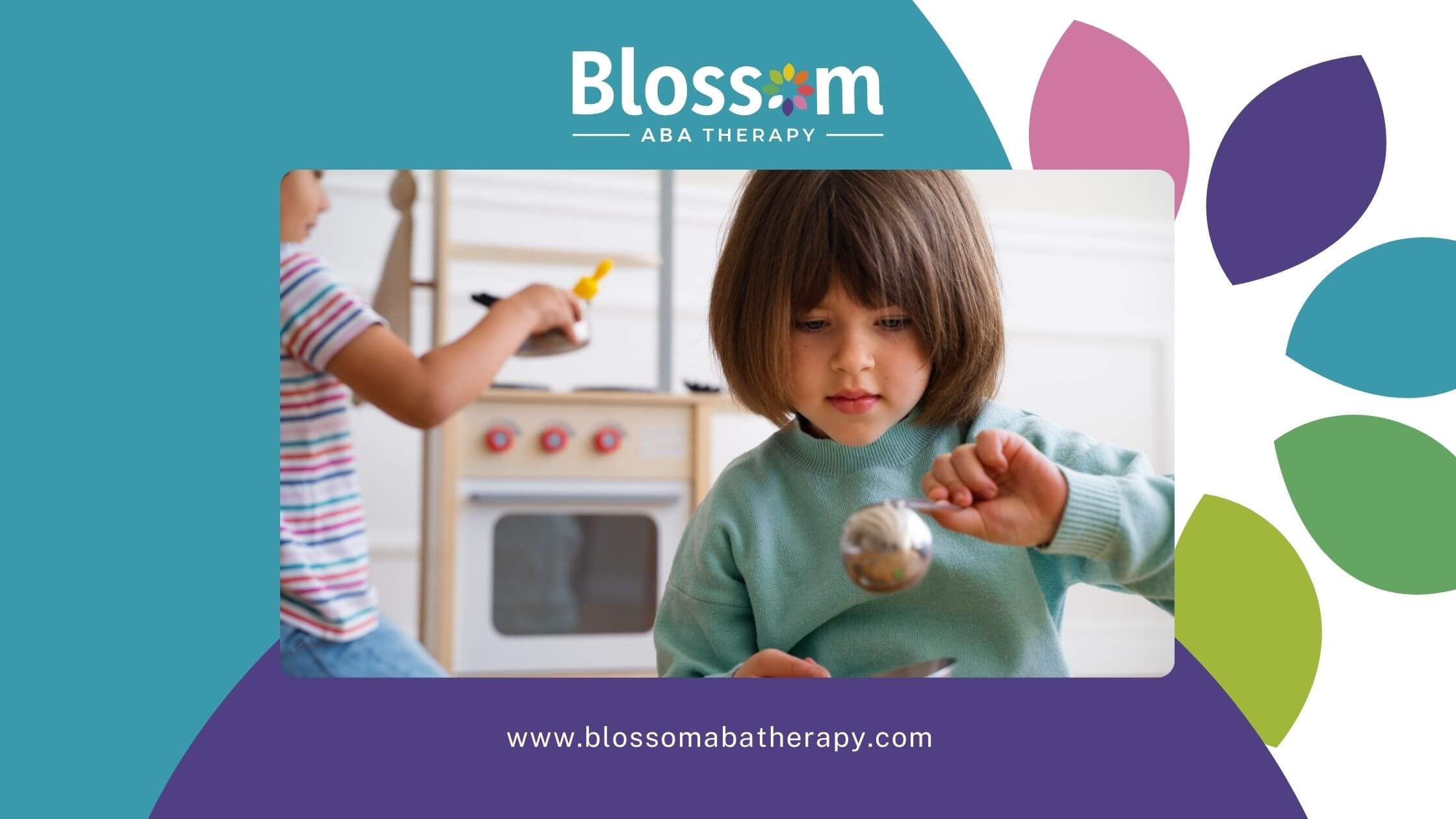 Child with autism focused on scooping pretend food while playing in a toy kitchen.