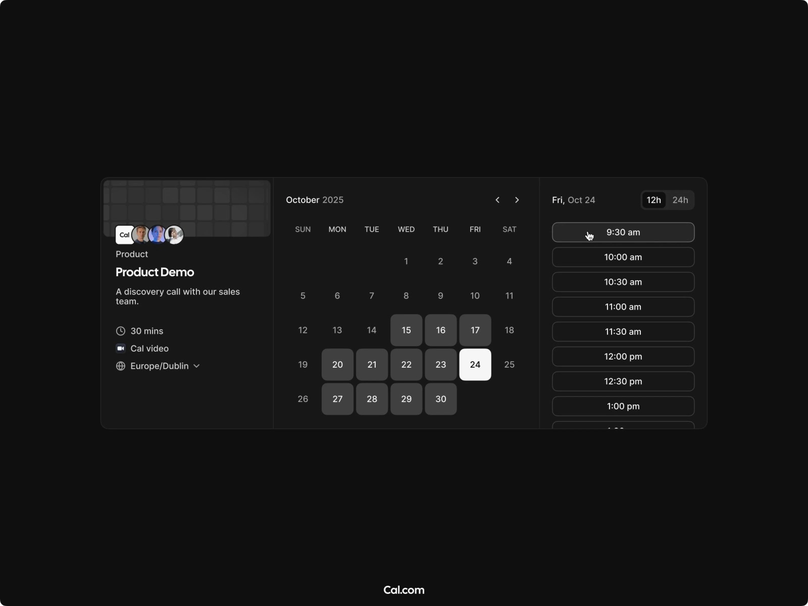 This is a Cal.com window providing scheduling features on a black background.