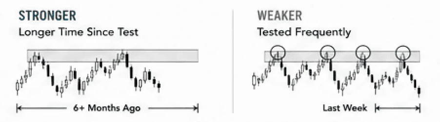 A candlestick chart showing a six month text versus one that was tested multiple times in one week.