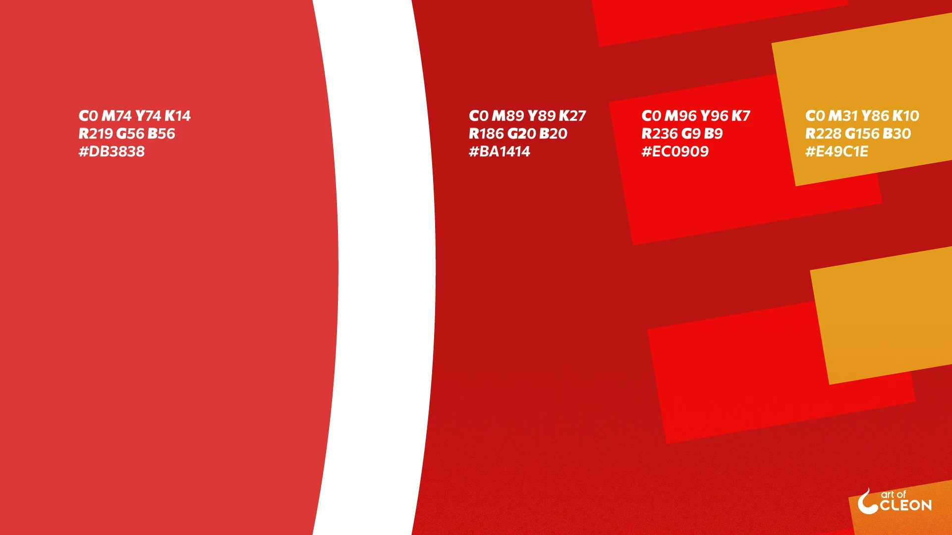 Three shades of red and a golden-yellow accent shown as broad overlapping color fields, separated by white bands, with RGB, CMYK and hexadecimal values.