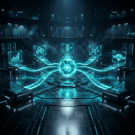 Glowing digital core connected to screens displaying data, security, and DNA.