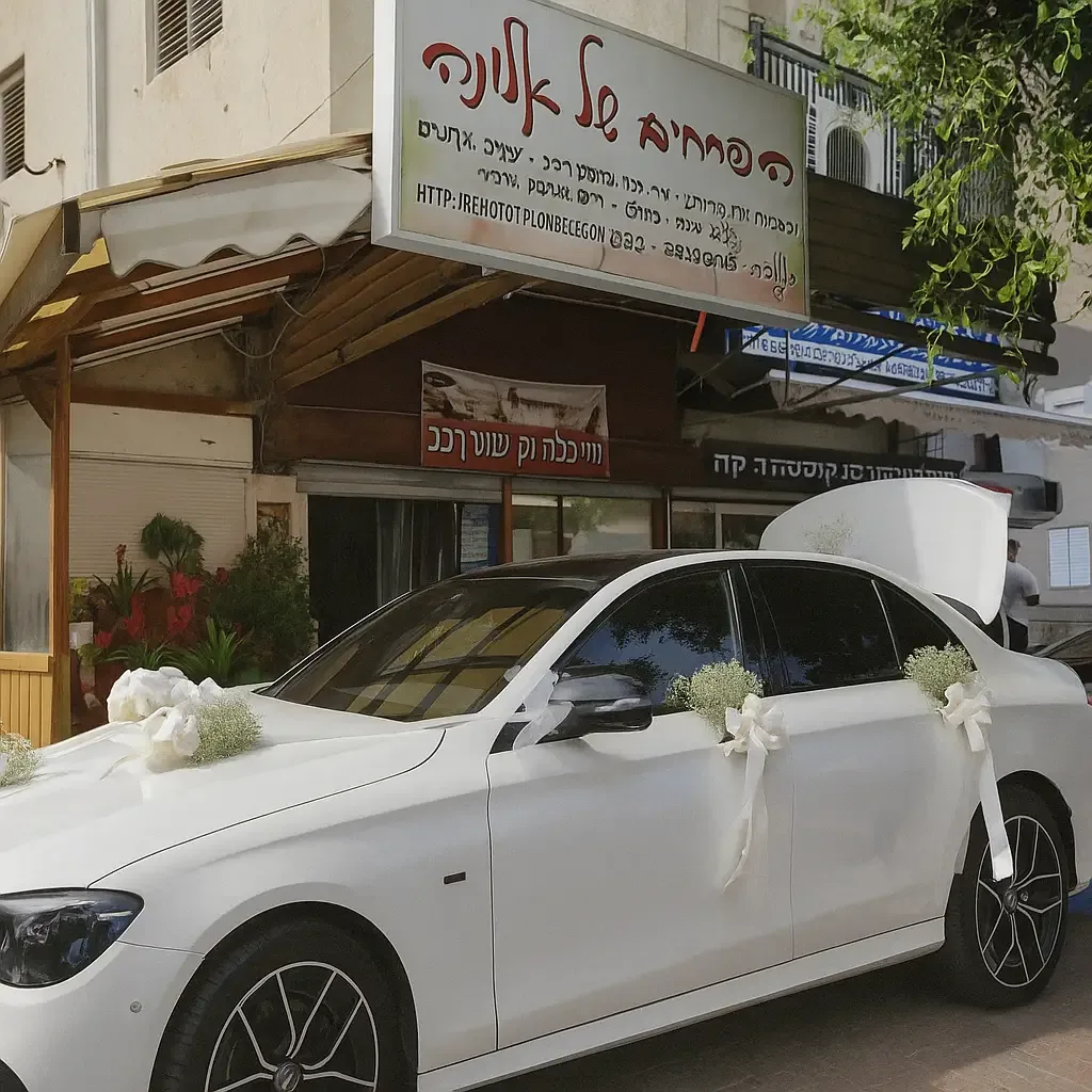 רכב לבן מקושט בצרורות גיבסנית ופפיוני סרט לבנים, חונה מול חזית חנות פרחים