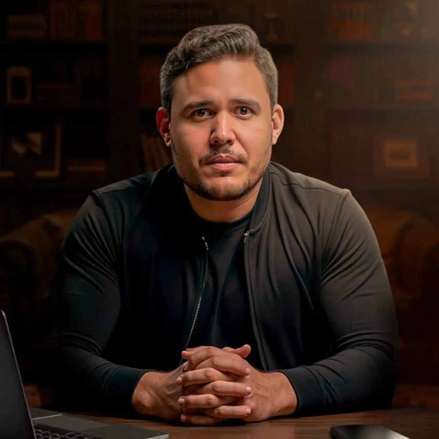 An architect standing at a desk in a modern studio, reviewing architectural models and documents. Shelves filled with books and materials line the background, with natural light coming through large windows.