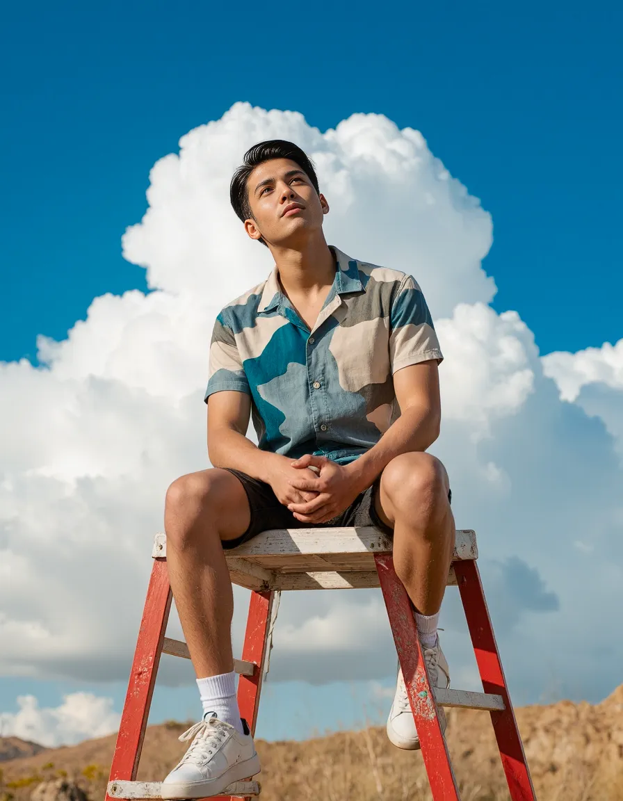 Fashion photography featuring a person in a patterned short-sleeve shirt sitting on a red ladder against dramatic blue sky and clouds