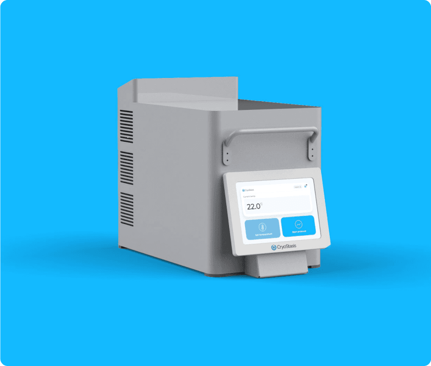 Individual Cryostasis fridge unit with an attached tablet and UI screen, displaying real-time temperature control and monitoring for biological material storage.