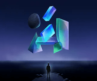 Person looking at floating geometric shapes