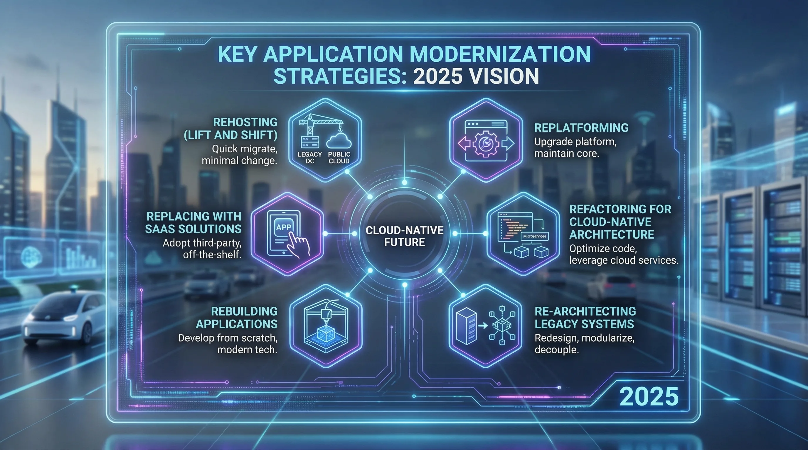 Infographic showing key application modernization strategies for 2025, including rehosting, replatforming, refactoring, re-architecting, rebuilding applications, and replacing legacy systems with SaaS in a cloud-native future.