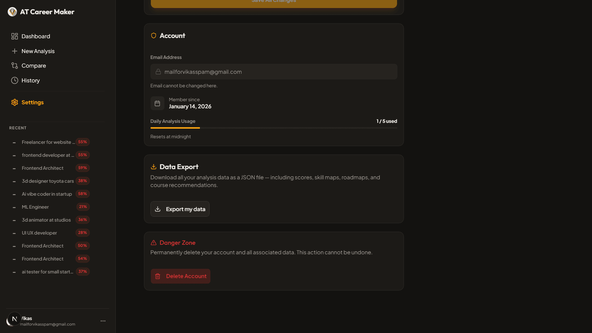 Settings page of atcareer maker website