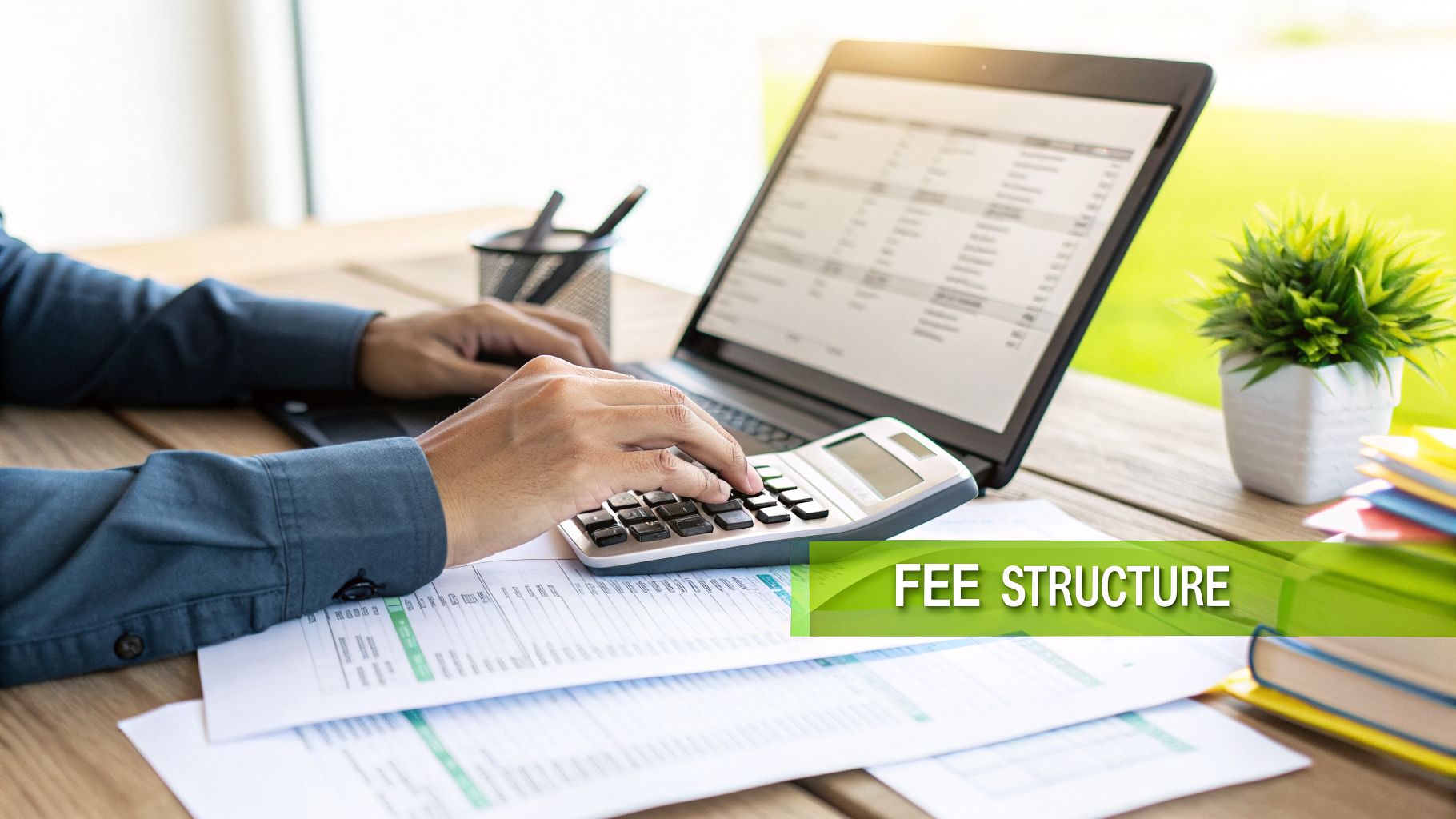 A person calculates fees with a calculator and laptop on a desk, showing financial structure.