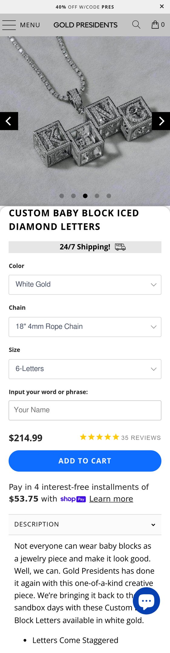 Jewelry product options include: chain for Custom Baby Block Iced Diamond Letters from Pres.