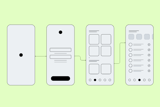 Mobile app wireframe flow, user interface design stages showing interaction.