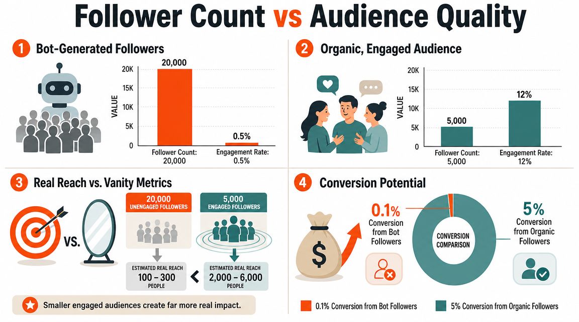 An infographic comparing bot-generated follower counts against organic, engaged audiences to demonstrate real impact and conversion potential.