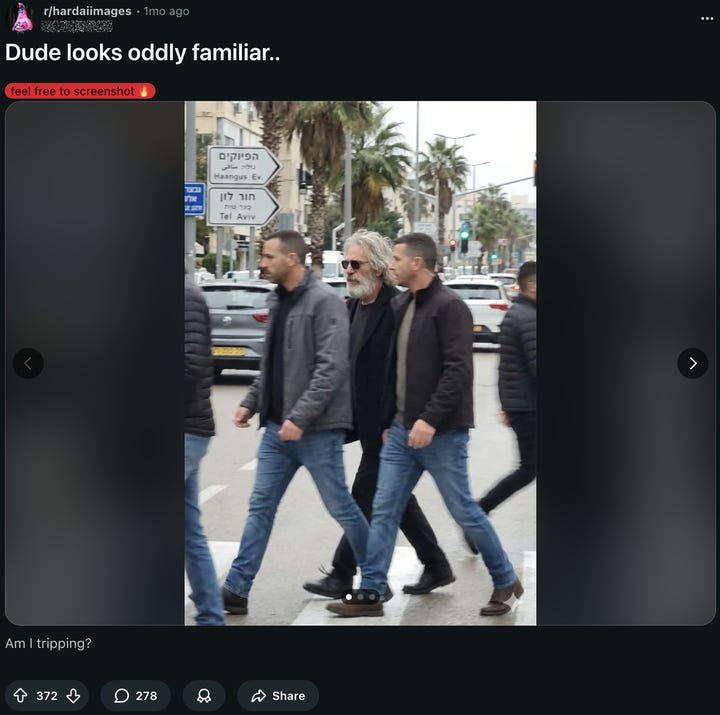 A Reddit post on Feb. 1, made to a subforum where users trade comical AI-generated images for amusement, contains fake images depicting a man that resembled Jeffrey Epstein walking in the street, surrounded by apparent bodyguards. Street signs and storefronts shown in the images displayed Hebrew-language text.