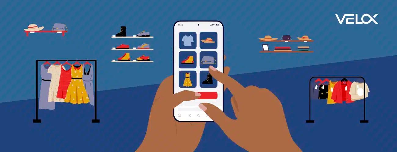 A graphic displaying a mobile phone user searching for apparel with apparel icons