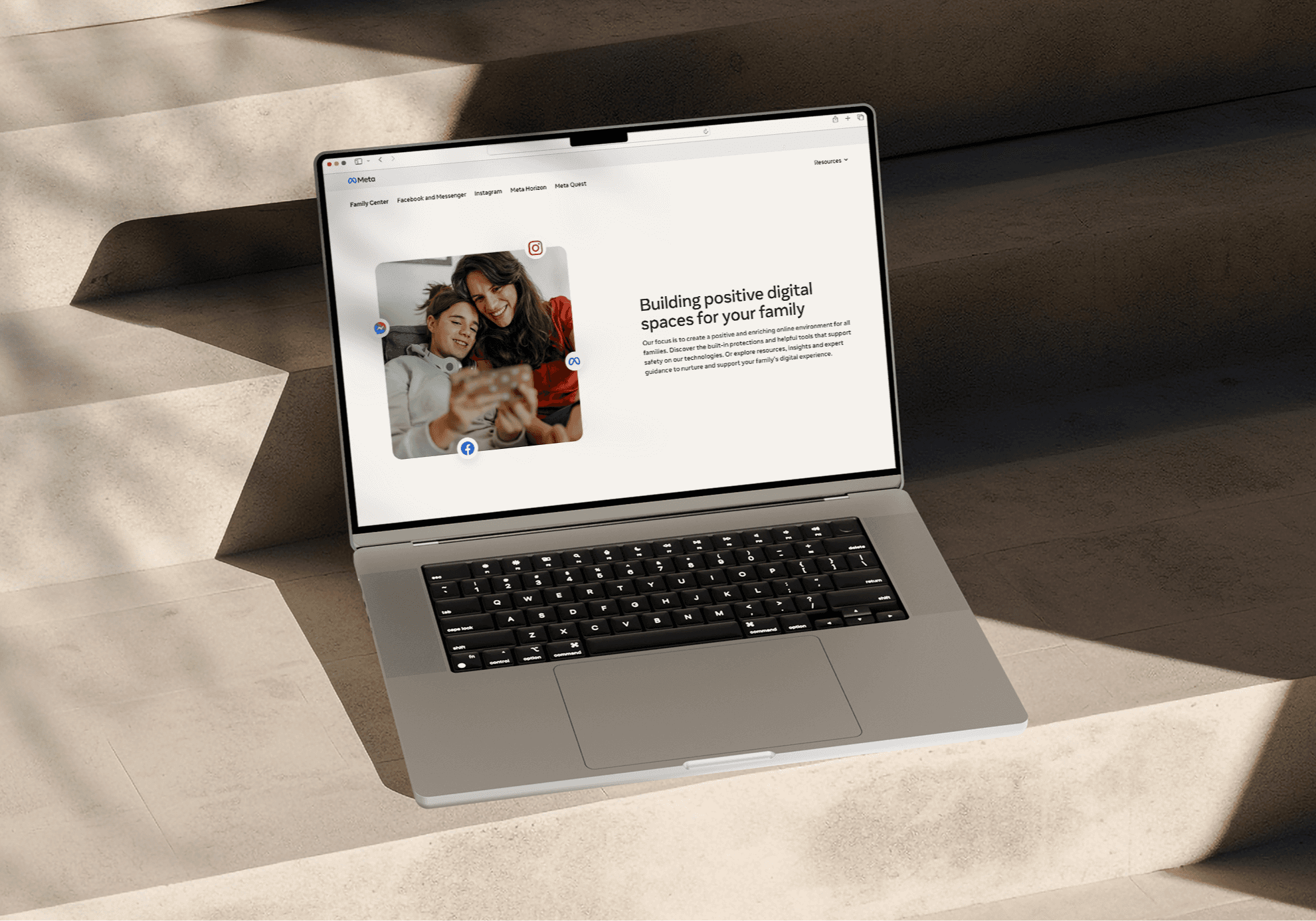 A macbook mockup showing Meta Family Center website