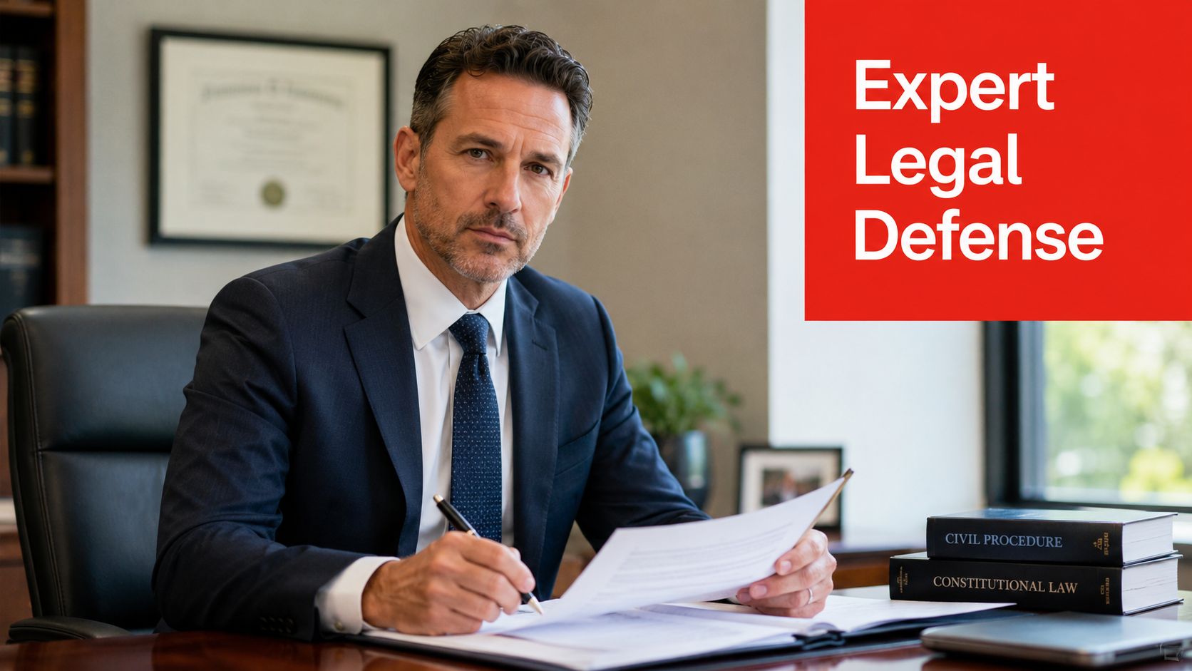 A professional attorney sits at his desk reviewing legal documents in a sophisticated law office setting.