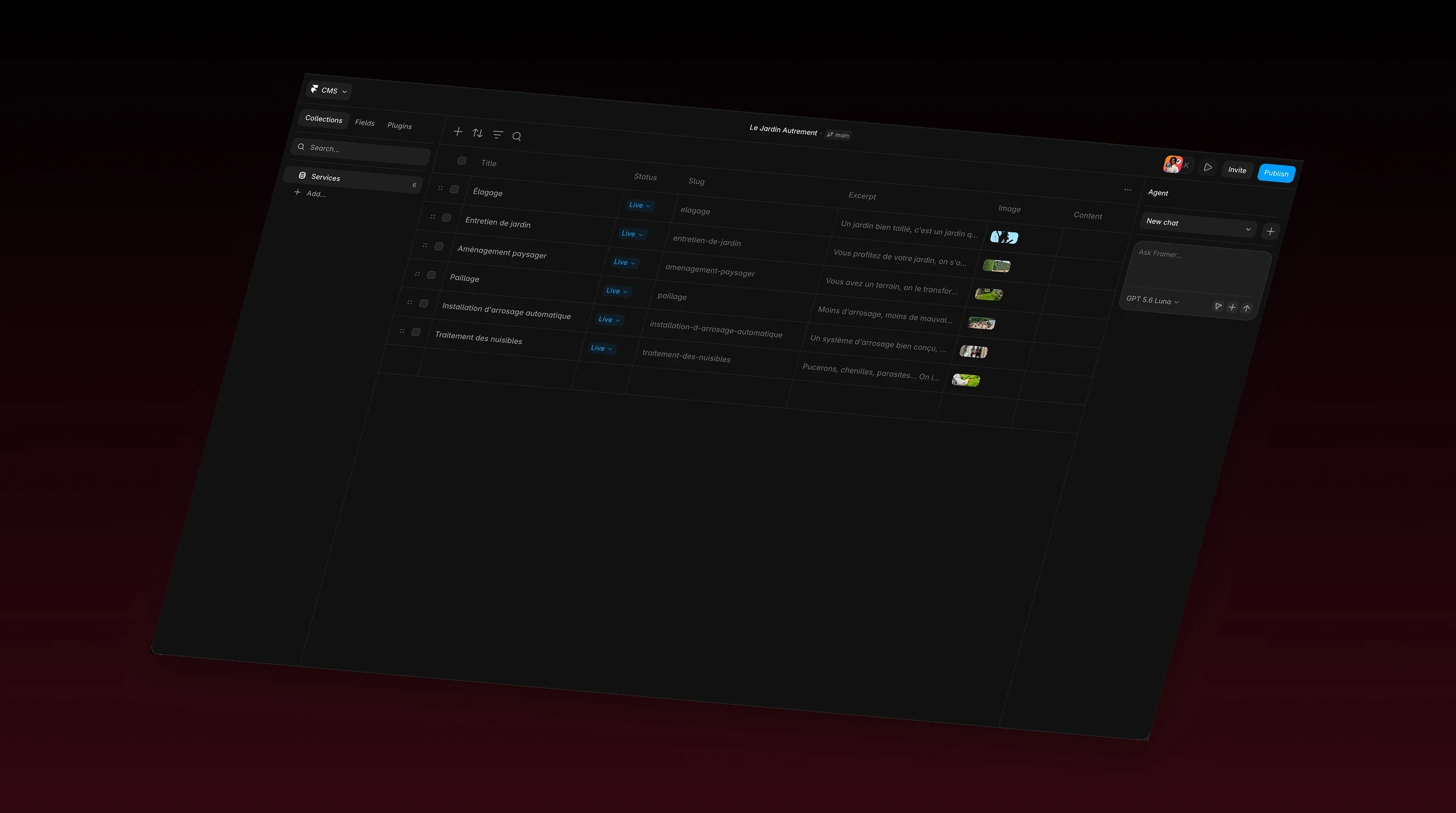 Collection CMS Services dans Framer, listant les six prestations du paysagiste