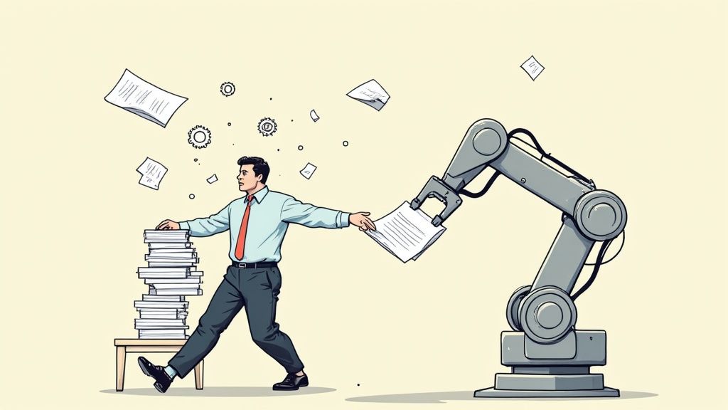 Eine Personalerin arbeitet effizient an einem Laptop, im Hintergrund sind stilisierte Datenvisualisierungen zu sehen