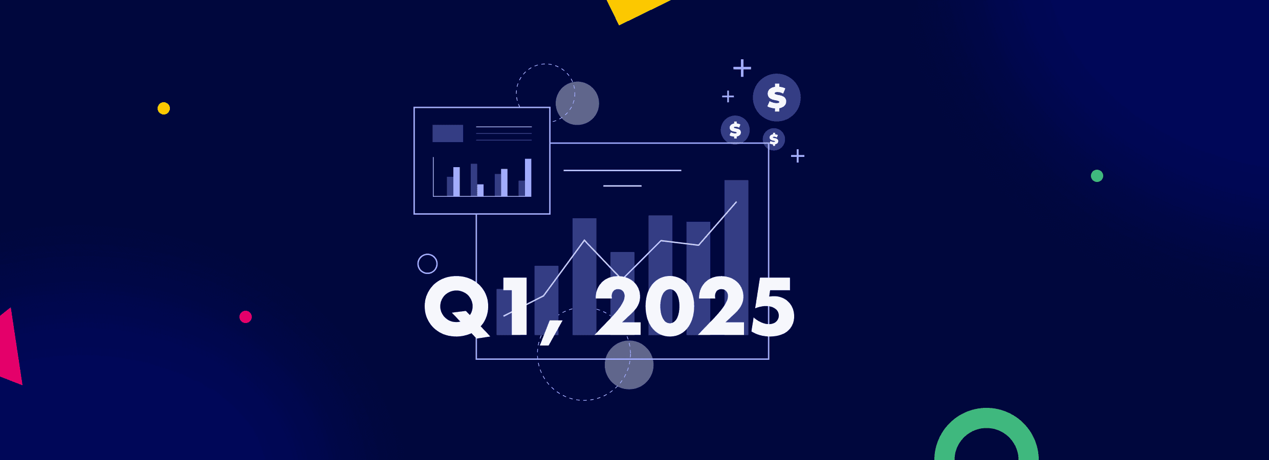 Illustration of data analytics and financial growth with bar and line charts, dollar symbols, and the text 'Q1, 2025' on a dark blue background, representing performance trends for the first quarter of 2025.