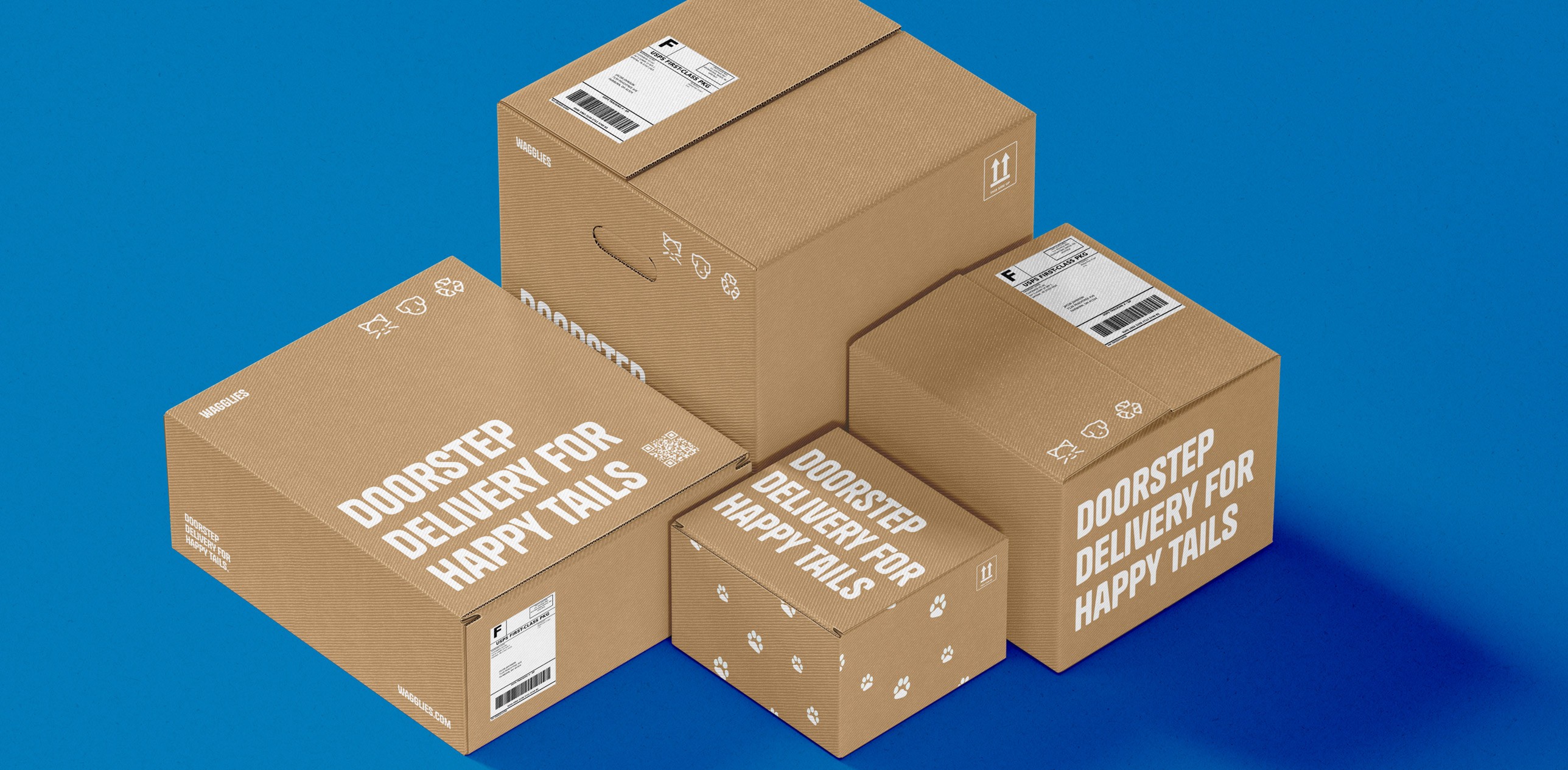 An organised bunch of branded boxes with a blue background