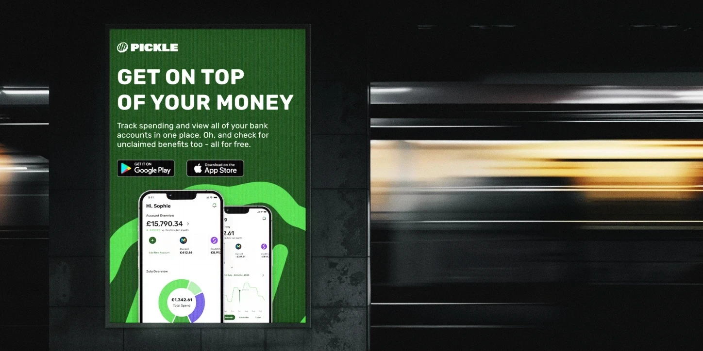 Pickle app financial management dashboard showing account overview with £15,790.34 balance and spending tracker on mobile phones