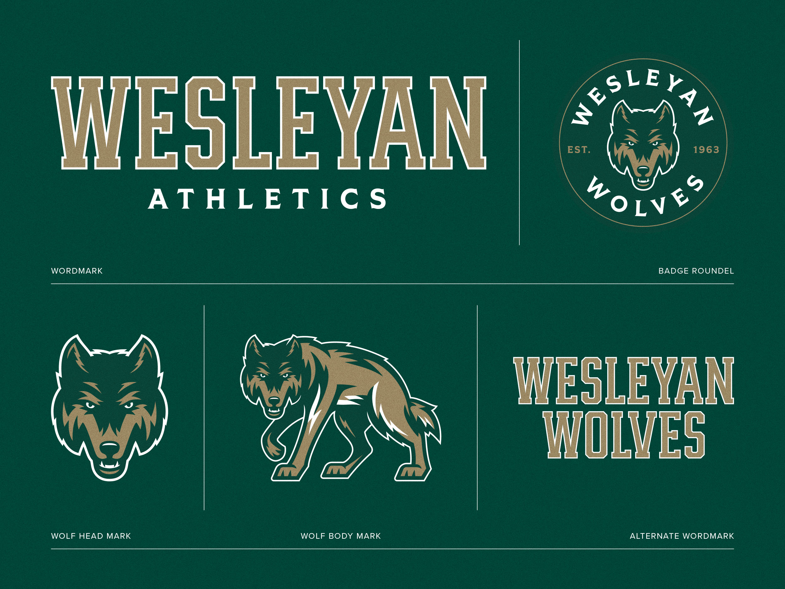 Wesleyan Wolves full color logo system on green background.