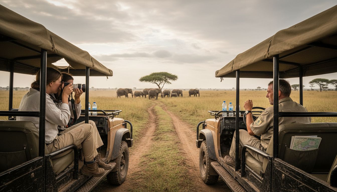 Des voyageurs immortalisent des éléphants à l’aide de leurs appareils photo lors d’un safari moderne.