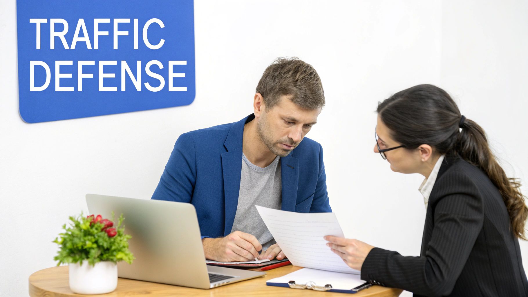 A man signs documents while a woman reviews papers at a desk with a 'TRAFFIC DEFENSE' sign.