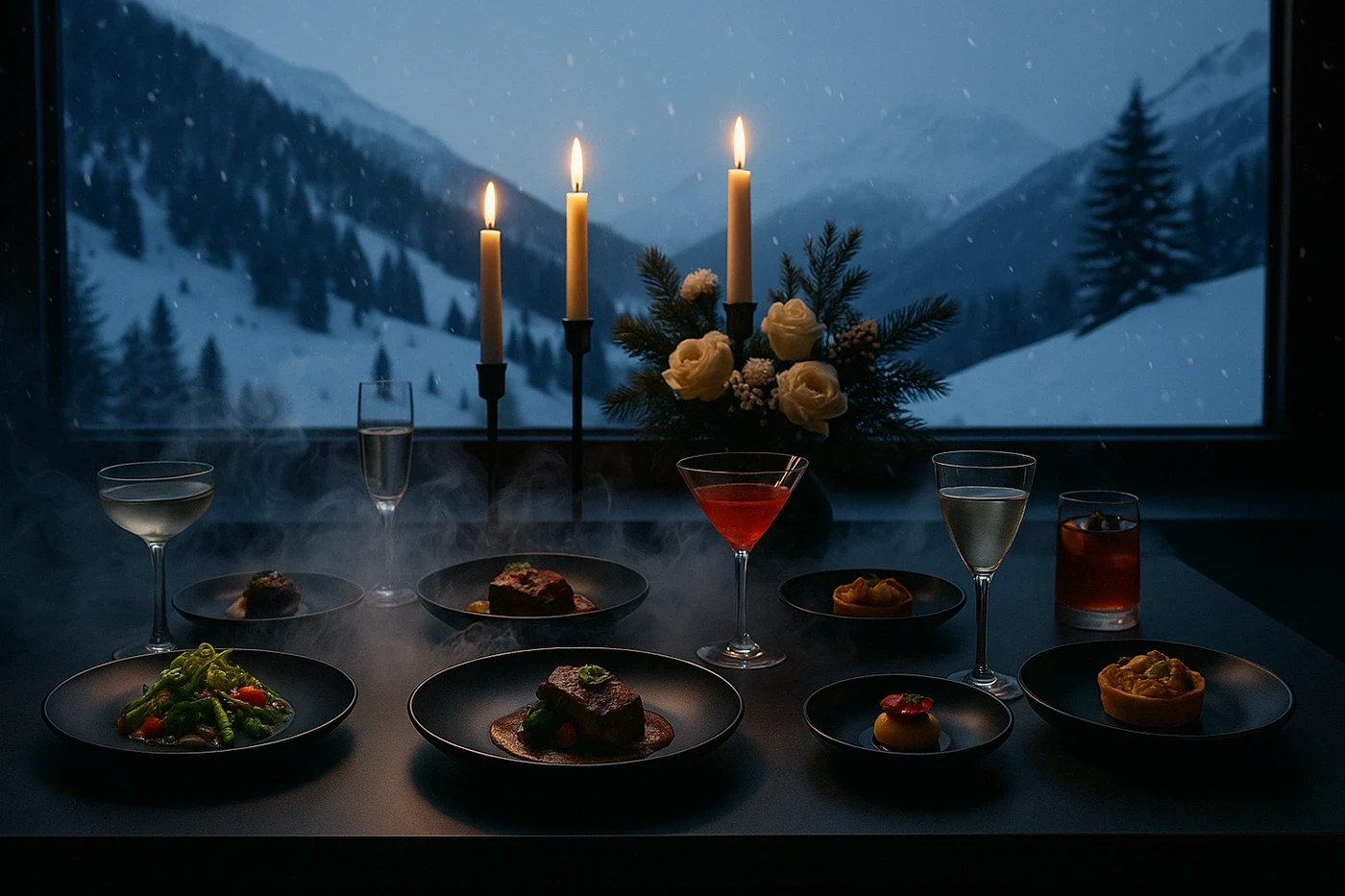 A dimly lit table set with assorted dishes, candles, and an atmospheric smoke, creating a mysterious vibe.