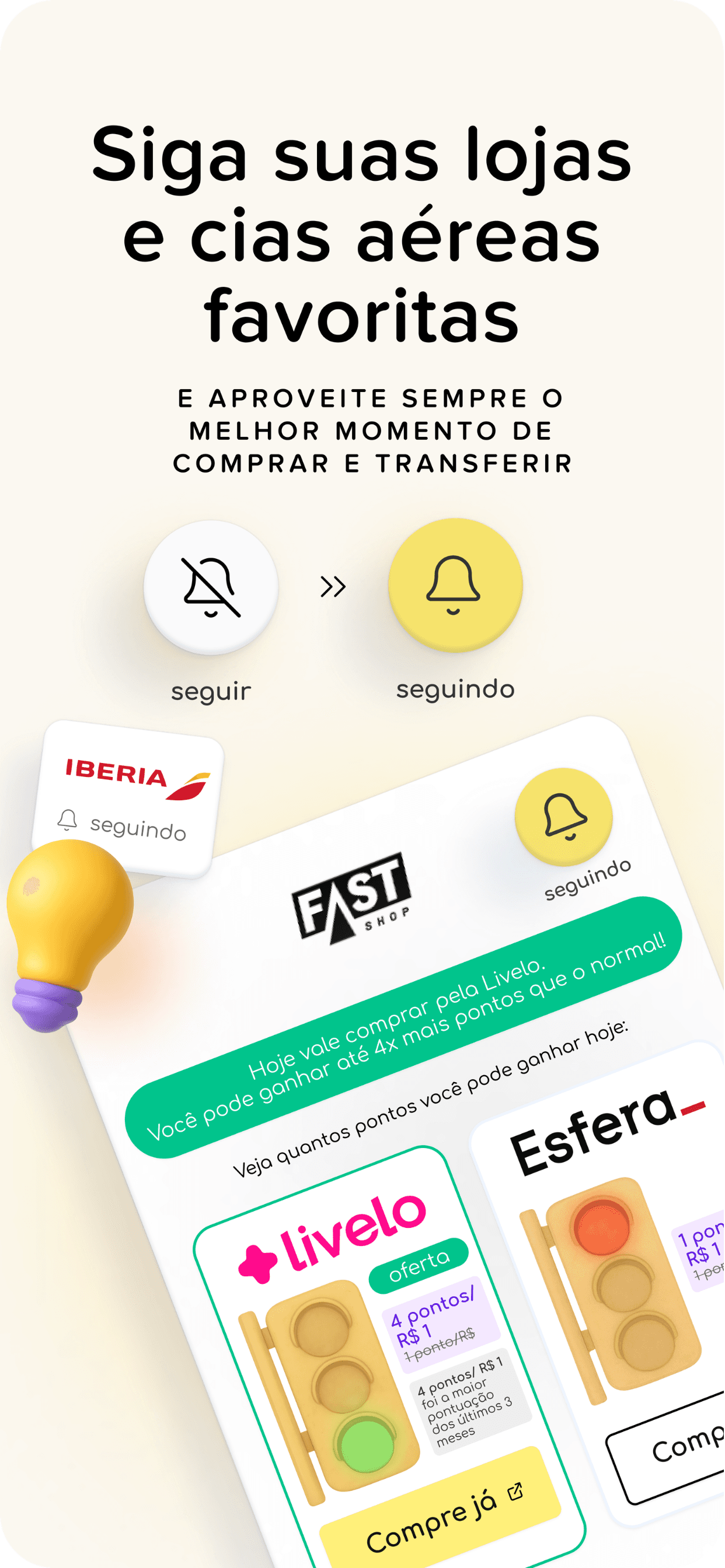 Imagem do AceleraPontos mostrando como seguir lojas e companhias aéreas favoritas para receber alertas do melhor momento de comprar e aproveitar compras bonificadas, com cartões de programas como Livelo e Esfera, indicadores de pontos por real e ícones de seguir e seguindo.