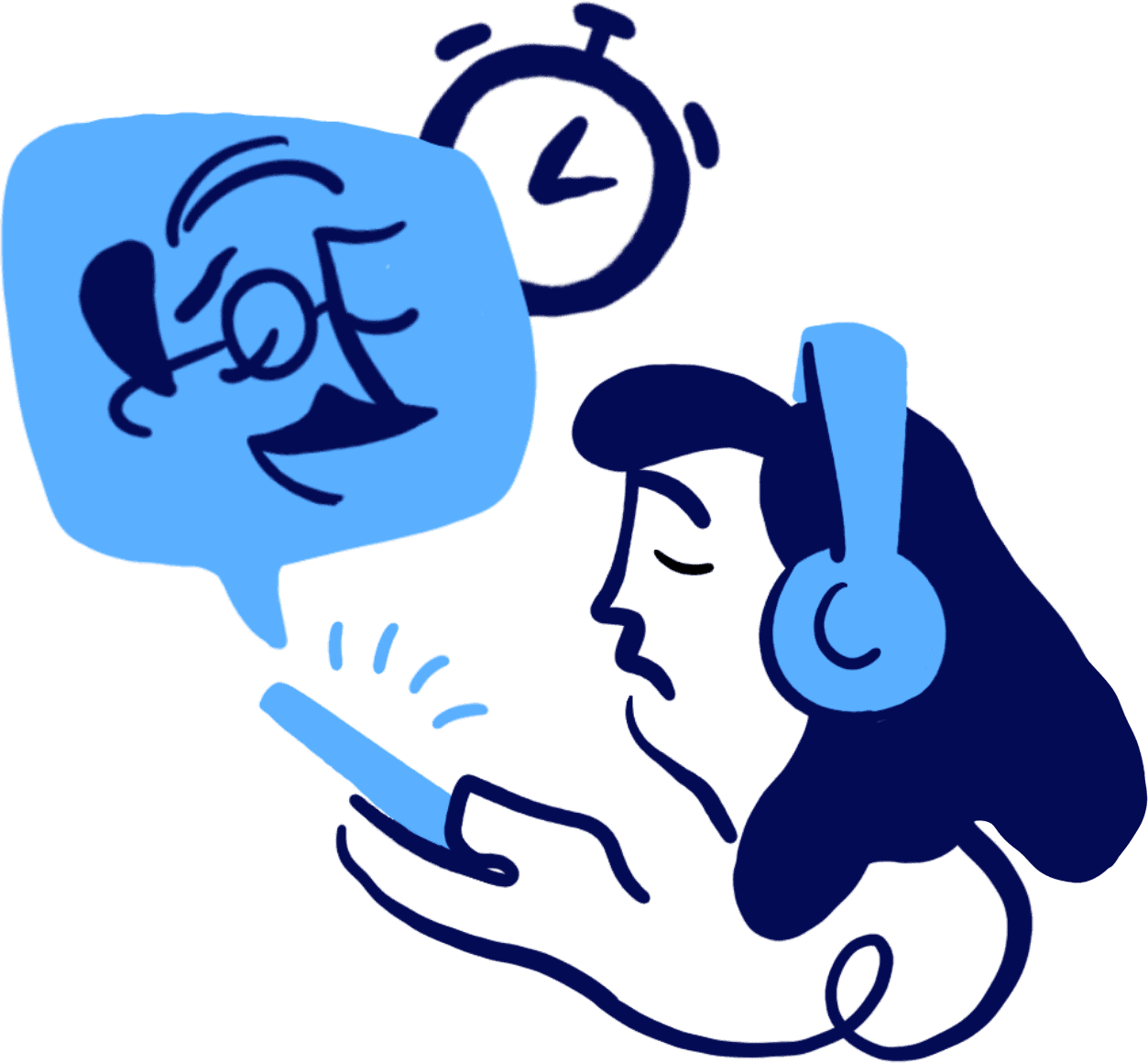 drawing of bored woman with headphones listening to a narrator in speach bubble