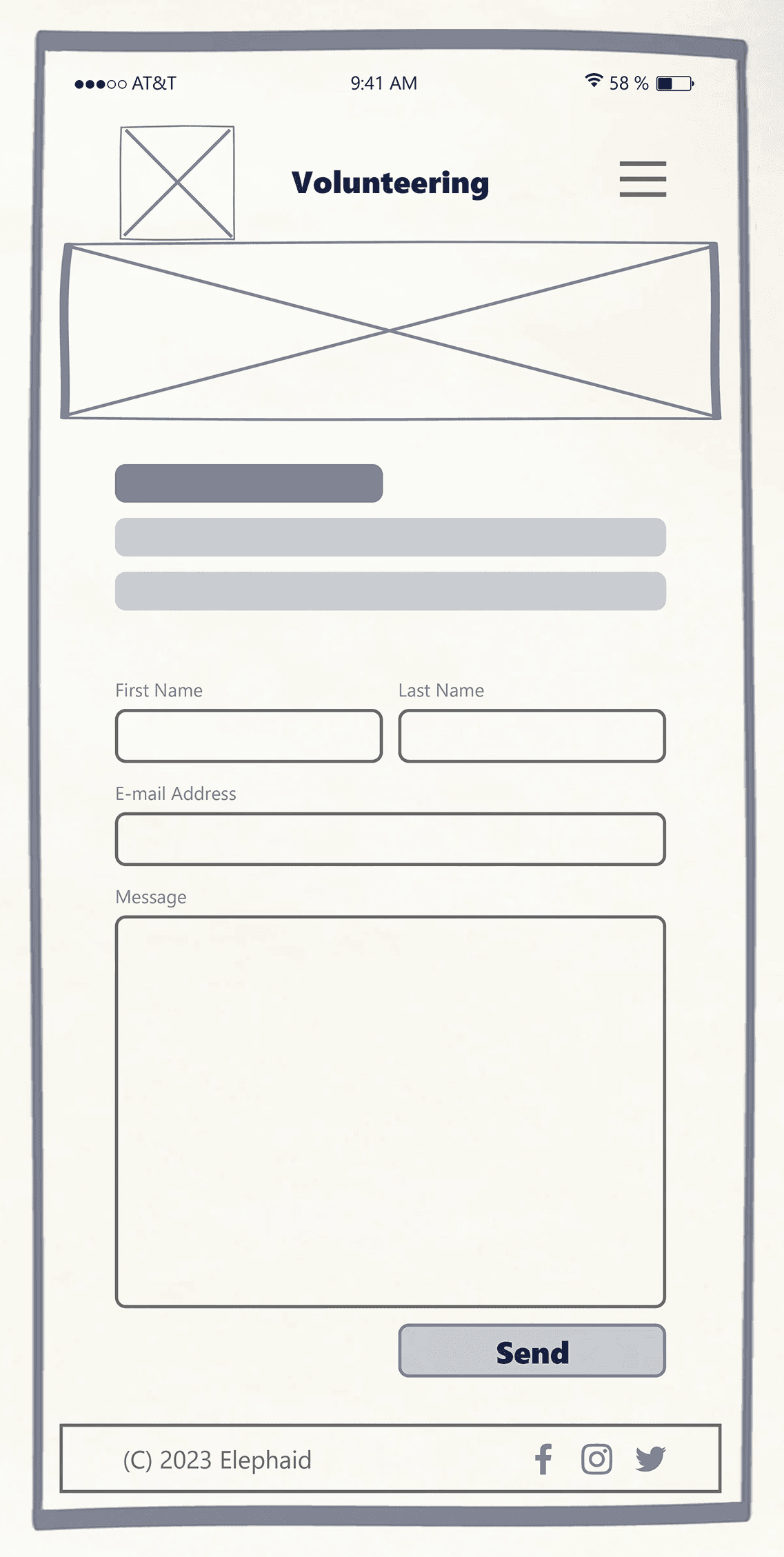 A wireframe of the Elephaid volunteering page displayed on a spiral notebook, showing a large hero image placeholder, form fields, and a Send button.