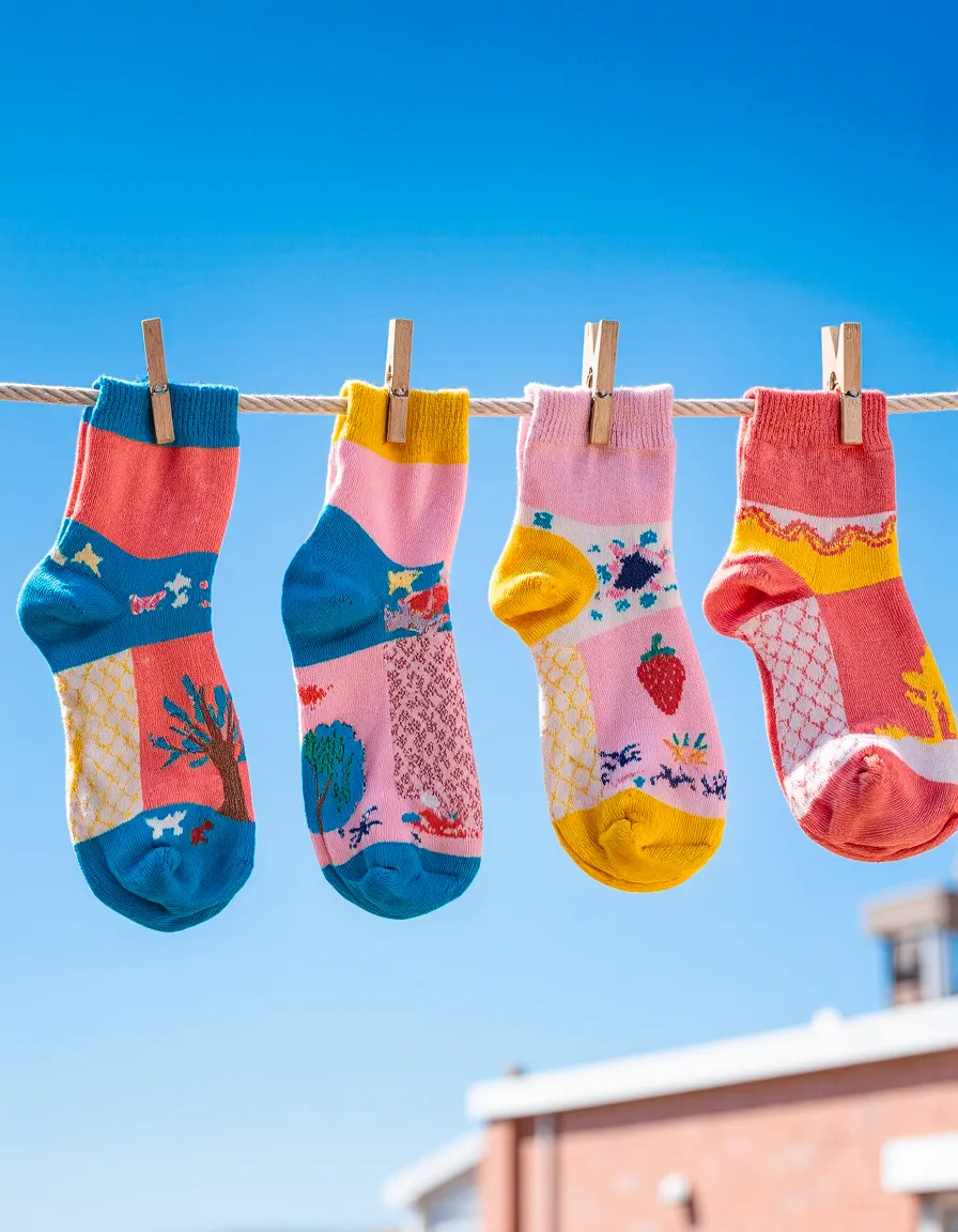 Four colorful patterned socks hanging on a clothesline with wooden clothespins against a bright blue sky background