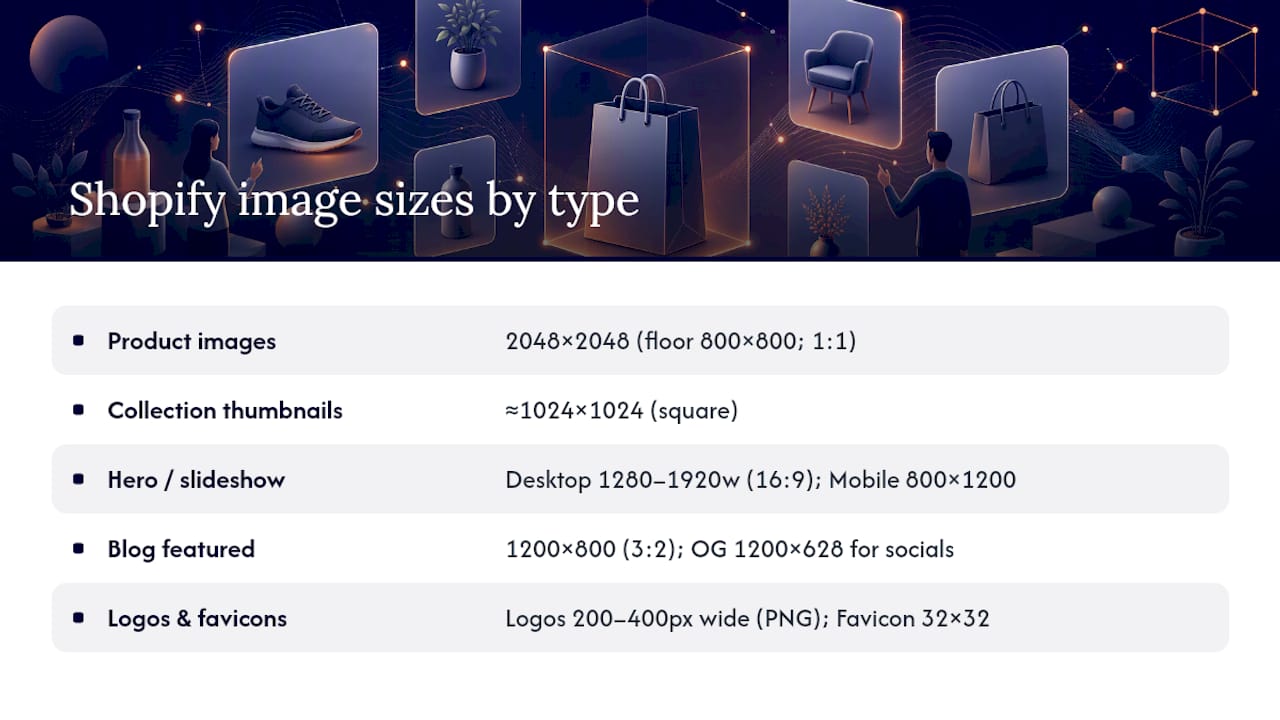 Shopify Image Size Cheat Sheet by Type — overview diagram