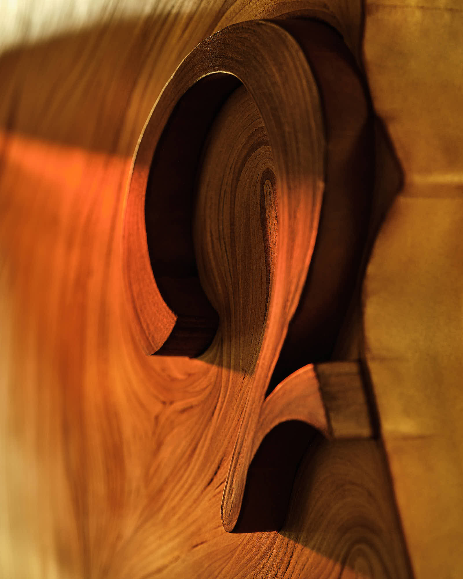 An abstract wooden sculpture featuring curved shapes and warm orange tones, emphasizing fluidity and movement.