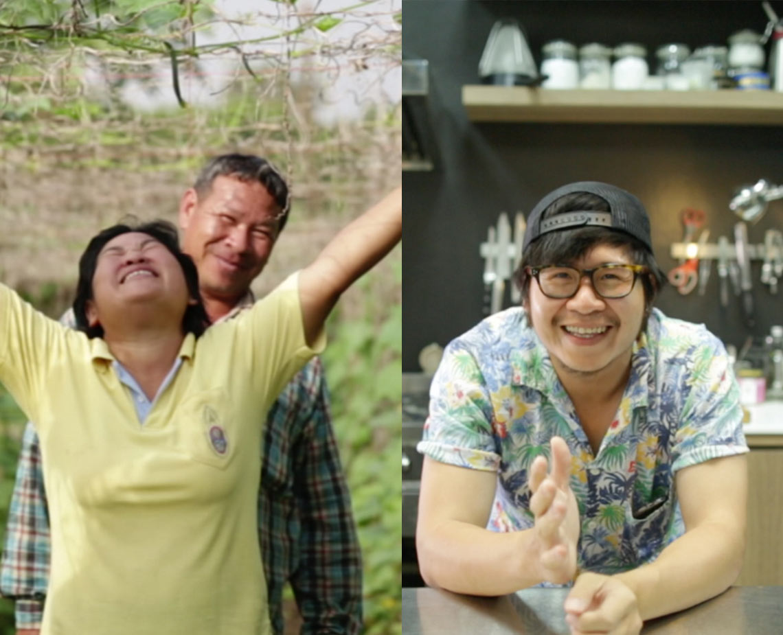 The image is a split-screen composition. On the left, a man and a woman are outdoors near a tree. The woman is wearing a yellow shirt and has her arms raised. The man is wearing a plaid shirt and is standing behind her. On the right, a man is seated at a table indoors, wearing a blue and white patterned shirt and a black baseball cap. He is smiling and making hand gestures. The background includes a shelf with jars and kitchen utensils.