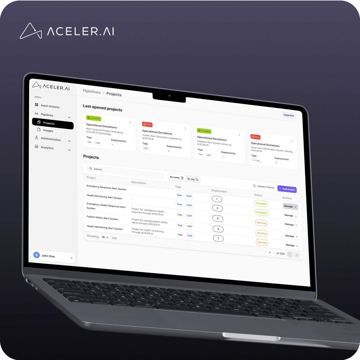 Mockup of Acceler.AI platform showing a project management dashboard for accelerating data science projects