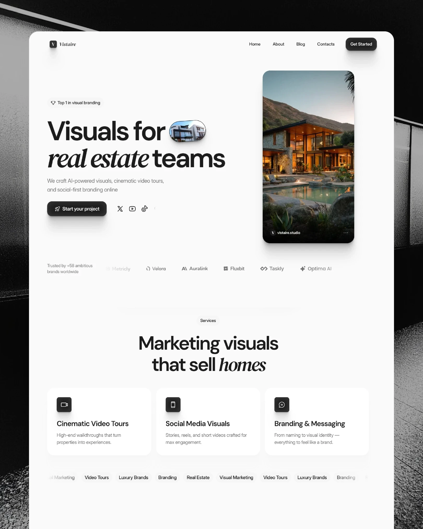 Vistaire real estate visual marketing studio landing page, editorial layout with luxury property photography — web design by Luna UI design studio