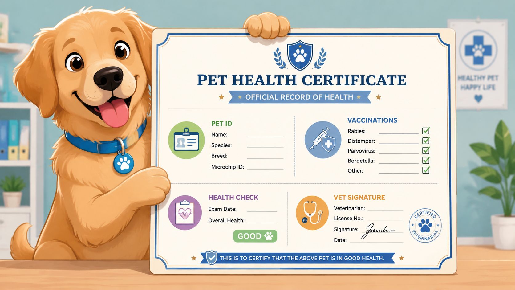 A friendly golden retriever puppy holds a blank pet health certificate document in a veterinary office.