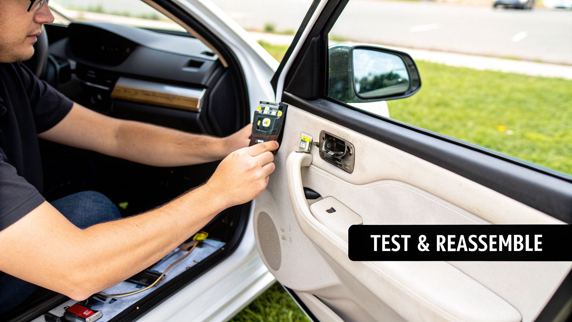 A person testing a car's window regulator mechanism during repair and reassembly.