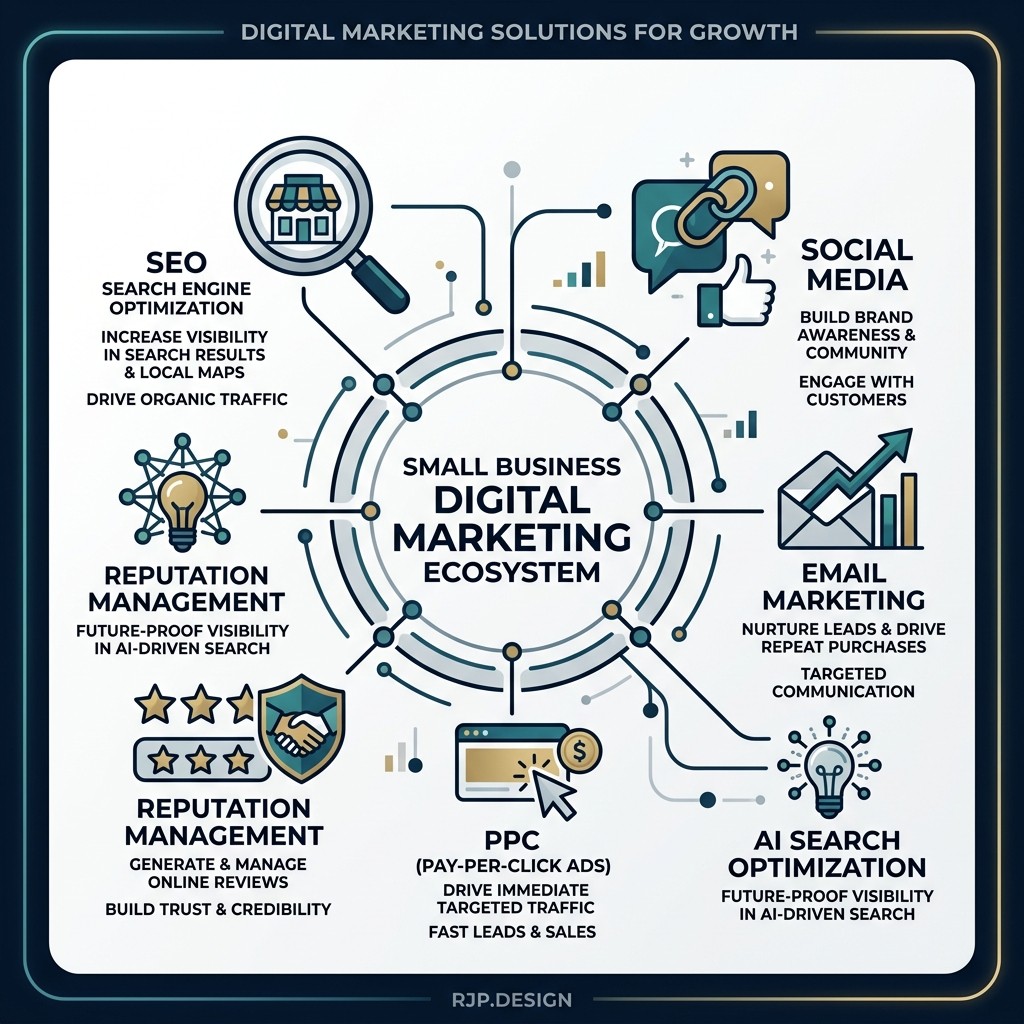 Digital marketing ecosystem for small businesses showing SEO, social media, email, PPC, and reputation management channels