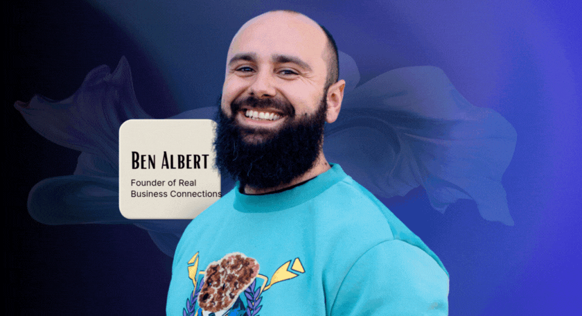 Ben Albert smiling in front of a blue background, surrounded by icons representing his podcast workflow, including a guest form, guest nominee badge, workflow sheet, and microphone. Text on image reads Ben Albert, Founder of Real Business Connections.